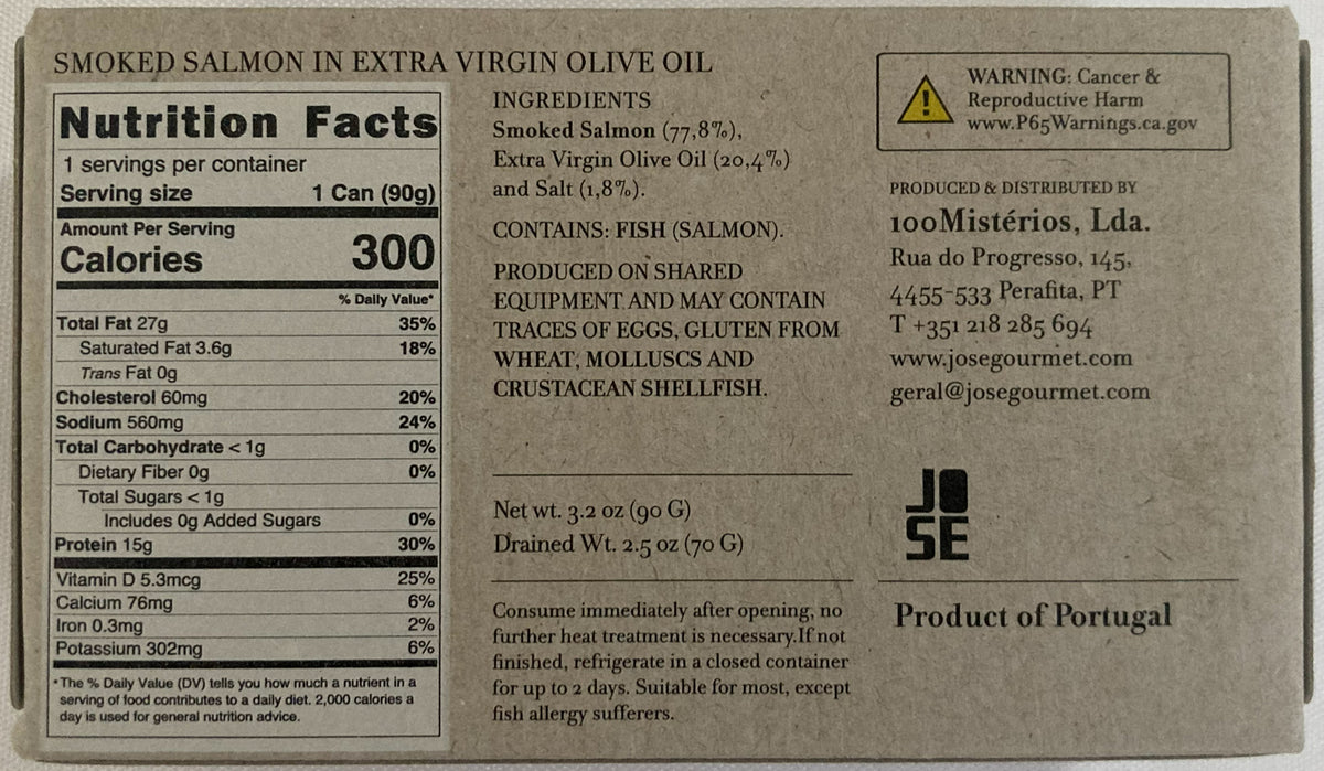 Jose Gourmet Smoked Salmon in Extra Virgin Olive Oil, 90g
